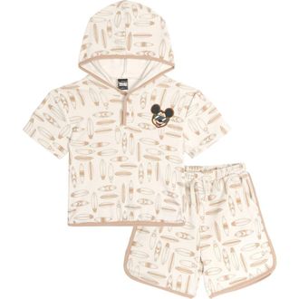 Disney Mickey Mouse Baby Boys Loungewear 2-Piece Hooded T-Shirt and Shorts Set in Warm Grey Mickey Mouse at Nordstrom, Size 18M