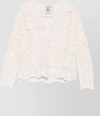 Semicouture lace-knit v-neck long-sleeve knitted top