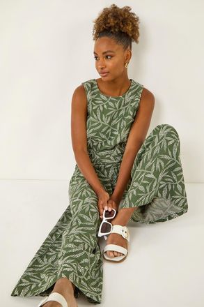 Roman Leaf Print Linen Mix Wide Leg Trouser