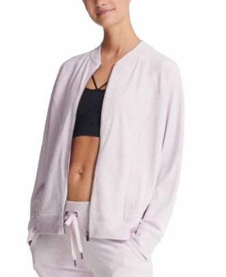 DKNY Womens Activewear Sport Velour Logo Print Bomber Jacket In Pink