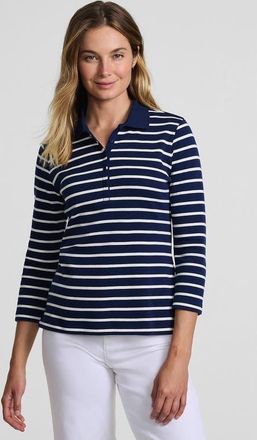 Lands End 3/4 Sleeve Supima Cotton Polo Shirt in Deep Sea/ivory Breton Stripe at Nordstrom, Size X-Large