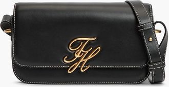 Tommy Hilfiger Womens Script Monogram Leather Crossbody Bag - Black