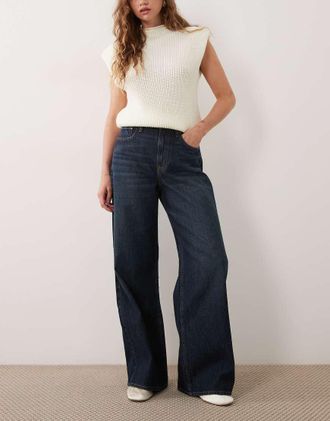Abercrombie & Fitch Curve Love jeans a vita alta a gamba larga lavaggio blu scuro