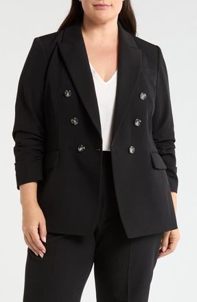 Tahari by ASL Ruched Sleeve Double Breasted Blazer in Black at Nordstrom, Size 18W