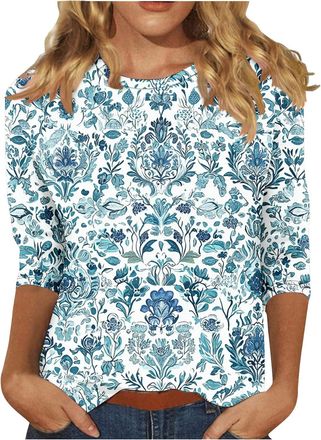 Generic Deals of The Day Womens Casual 3/4 Sleeve Blouse UK Summer Fashion Crewneck Tunic Tops Funny Floral Butterfly Polka Dots Print Shirts Dressy Comfy Bre