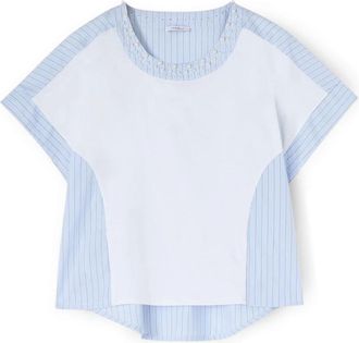 Motivi Tops, Dames, Wit, S, Katoen, T-shirt gemaakt van twee verschillende materialen met parelborduurwerk