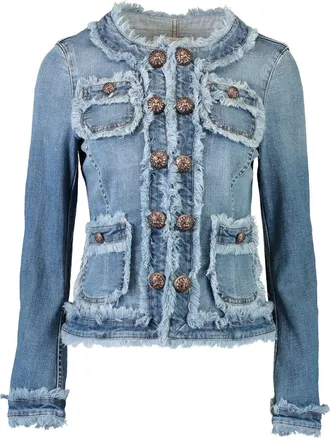 Maison Common fringed-trim denim jacket - women - Cotton/Elastane - 34 - Blue