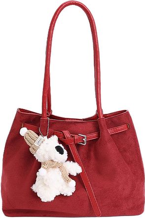 Generic Womens Vintage Tote Bag with Cute Pendant, PU Suede Shoulder Bag with Double Straps and Magnetic Closure, Applies to Work and Everyday (Red,35 * 11 * 