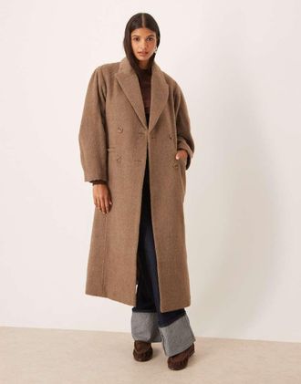 Asos Cappotto spazzolato color fungo con maniche bombate e cintura sottile-Marrone