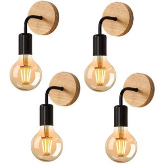 OEM Juego De 4 Apliques De Pared Retro Negros - Hierro Y Madera Maciza - Casquillo E27 - Voltaje Ca De 220 V - F&aacute;cil Instalaci&oacute;n Para Sal&oacute;n Y Dormitorio