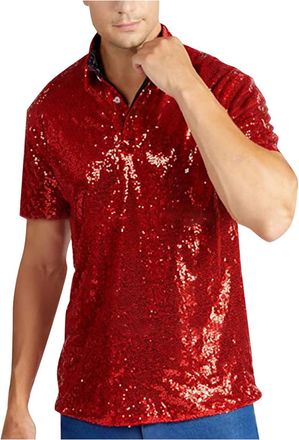 Generic Mens Sequins T Shirts Relaxed Short Sleeve Turndown Sequins Shirts Causal Loose 70s Disco Nightclub Party T Shirts Tops Shiny Festival Carnival Rave P
