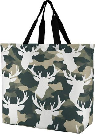 Generic Camouflage Pattern Deer Head Tote Bag Reusable Grocery Shopping Bags Large Travel One Shoulder Handbag for Picnic Work