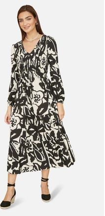Yumi Abstract Print Ruched V-Neck Midi Dress in Black at Nordstrom, Size 12