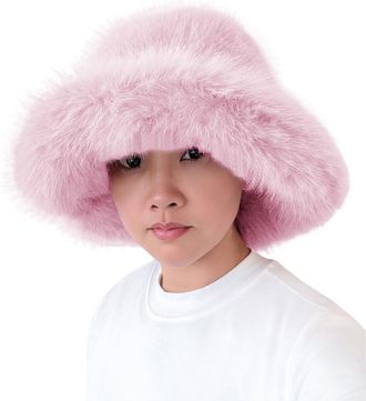 Lina & Lily Oversized Winter Faux Fur Bucket Hat for Women - Long Pile Fur Wide Moldable Brim (Light Pink)