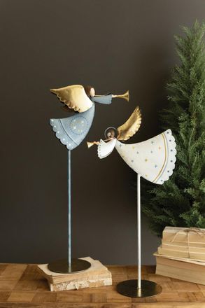 Kalalou Set Of Two Painted Metal Christmas Angels On Stands