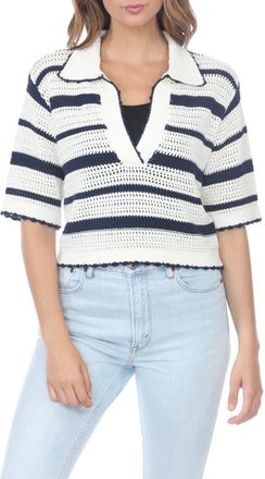 Rain + Rose Cotton Stripe Polo Sweater in White/Navy at Nordstrom Rack, Size X-Large