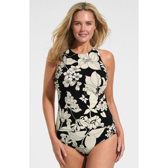 Lands End Plus Size DD-Cup Tugless High Neck Strappy Back Tankini Top in Black/egret Lilies at Nordstrom, Size 18W