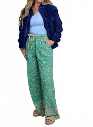 Democracy Rope Belt Wide Leg Abstract Pants In Jade