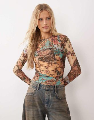 Free People Ariana - Top a maniche lunghe color tortora misto-Multicolore