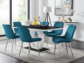 Furniturebox Giovani Rectangular 6 Seat White High Gloss Unique Halo Base Dining Table Black Glass Top 6 Soft Velvet Silver Leg Pesaro Chairs