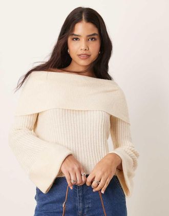Miss Selfridge wide cuff bardot knitted sweater in cream-Neutral