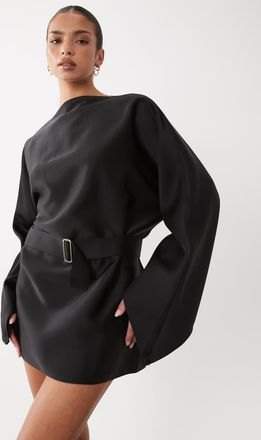 Lioness Vestito corto effetto raso nero con scollo a barchetta e maniche svasate con cintura