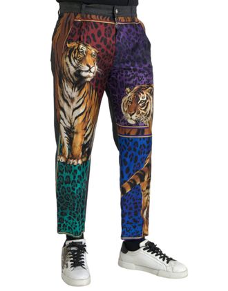 Dolce & Gabbana Mens Multicolor Tiger Leopard Cotton Loose Tapered Pants Silk Elastane