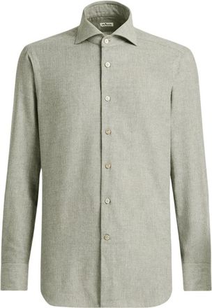 Kiton Flanellen overhemd van katoen- zijde en kasjmier - Heren - Casual Overhemden - Grijs - 2XL - Katoen - Overhemden