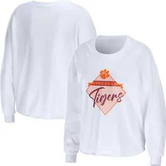WEAR by Erin Andrews Womens WEAR by Erin Andrews White Clemson Tigers Diamond Long Sleeve Cropped T-Shirt at Nordstrom, Size Xx-Large
