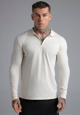 Siksilk para Hombres Ecru Manga Larga Zip Polo Camiseta XXL