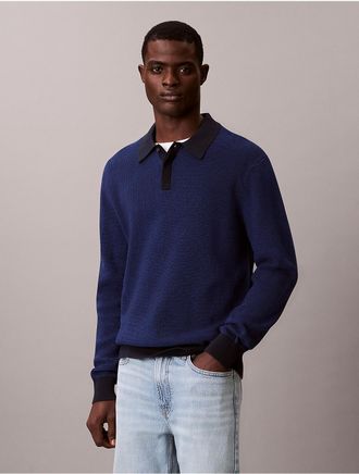 Calvin Klein Mens Smooth Cotton Waffle Polo Sweater - Blue - 2XL