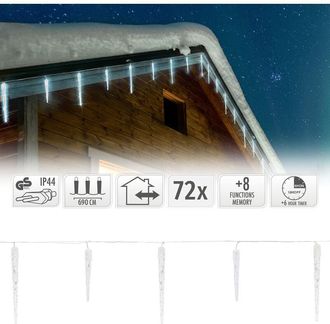 ECD Germany Cadena De Luces De 72 Carámbanos led Blanco Frío 6,9m + 5m De Cable 8 Modos De Luz Temporizador Impermeable IP44 pvc Interior/Exterior Decoración