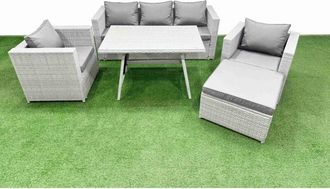 Fimous 6 Pieces Outdoor pe Rattan Sofa Armchair Set Patio Garden Furniture Sets with Cushions Big Stool Light Grey - Fimous