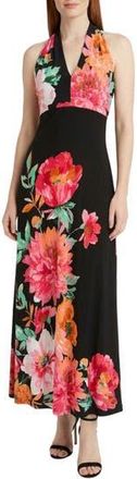 London Times Floral Print Halter Maxi Dress in Black/Coral at Nordstrom Rack, Size 10P