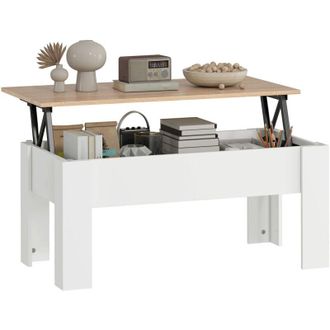 HOMCOM Mesa de centro elevable mesa de café con tablero elevable espacio oculto de almacenaje 100x50x45-58,5 cm blanco y natural - Homcom