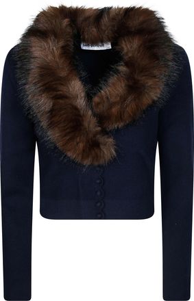 Self Portrait Navy Faux Fur Collar Cropped Cardigan