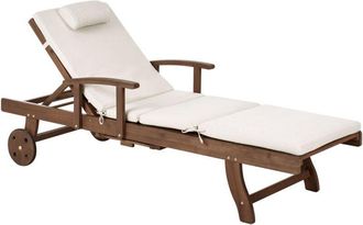 Beliani Tumbona De Jard&iacute;n De Madera De Acacia Reclinable Con Ruedas Dise&ntilde;o Cl&aacute;sico Con Coj&iacute;n Beige Claro Amantea Premium