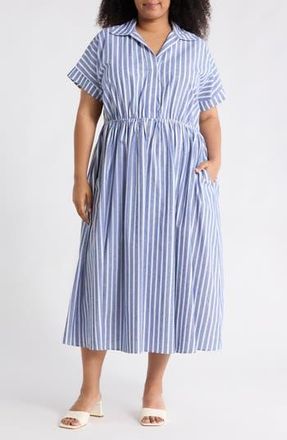 Renee C Stripe Short Sleeve Cotton & Linen Midi Dress in French Blue at Nordstrom Rack, Size 3X
