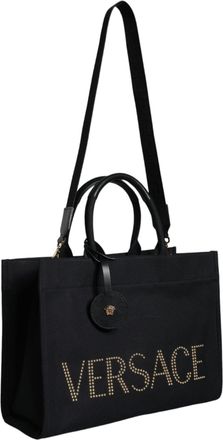 Versace Womens Logo-Studded Canvas Tote Black