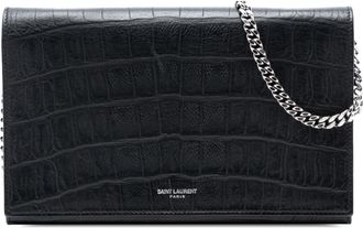 Saint Laurent Pre-owned Womens Croc Embossed Leather Wallet On Chain - Black - One Size