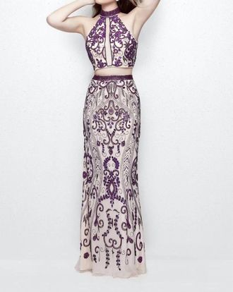 Primavera Beaded Two-Piece Evening Dress In Nude Plum