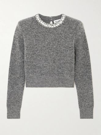 Self Portrait Cropped Crystal-embellished Knitted Sweater - Gray