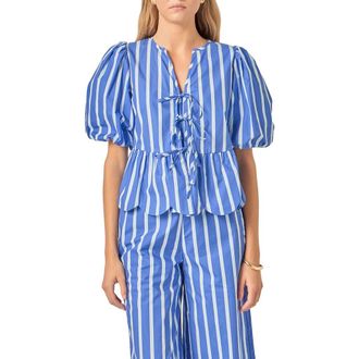 English Factory Stripe Tie Front Puff Sleeve Top in Navy/Blue at Nordstrom, Size X-Small