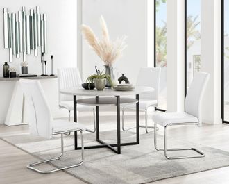 Furniturebox Adley Grey Concrete Effect Round Dining Table & 4 Lorenzo Faux Leather Chairs in White