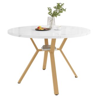 STILVORA Tavolo Da Pranzo Rotondo In Mdf E Acciaio Con Motivo Marmoreo, Gambe Incrociate - 100&times;100&times;75 Cm, Bianco E Oro