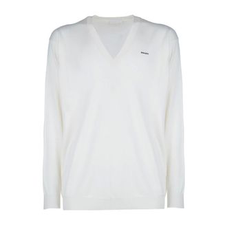 Prada Chest Logo Cashmere V-neck - male - Prada - Cashmere Knitwear - White - M - Knitwear