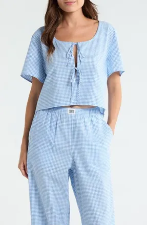 Lunya Gingham Tie Front Cotton Sleep Top in Market Check at Nordstrom, Size X-Small