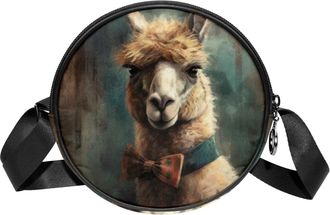 Generic Circle Crossbody Bag for Women, Vintage Alpaca Pattern Small Sling Bag Daypack with Zipper Adjustable Shoulder Straps Casual Ladies Girls Round Purse