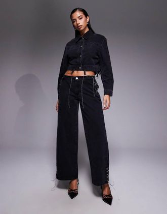 Liquor & Poker Jeans ampi neri con catenina in coordinato-Nero