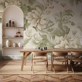 OEM Murale Da Parete - Fiori Vintage Retr&ograve; Nei Toni Del Crema E Del Verde Tenue / Fiori Vintage Dai Colori Chiari